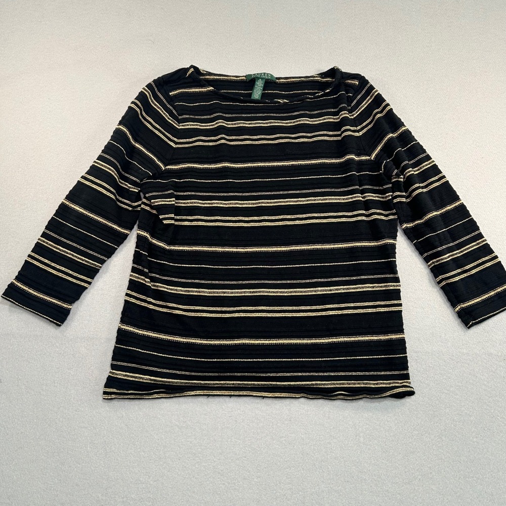 Lauren Ralph Lauren Sweater Women XL Black Gold Metallic Striped Boat Neck Top